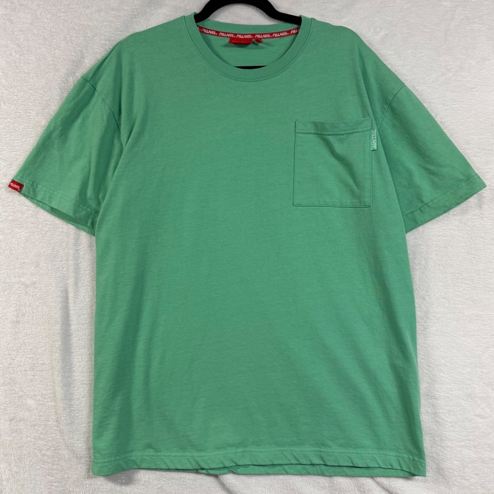 PILLARS M Green Pocket Short Sleeve Crew Neck Cotton T-Shirt Streetwear Retro